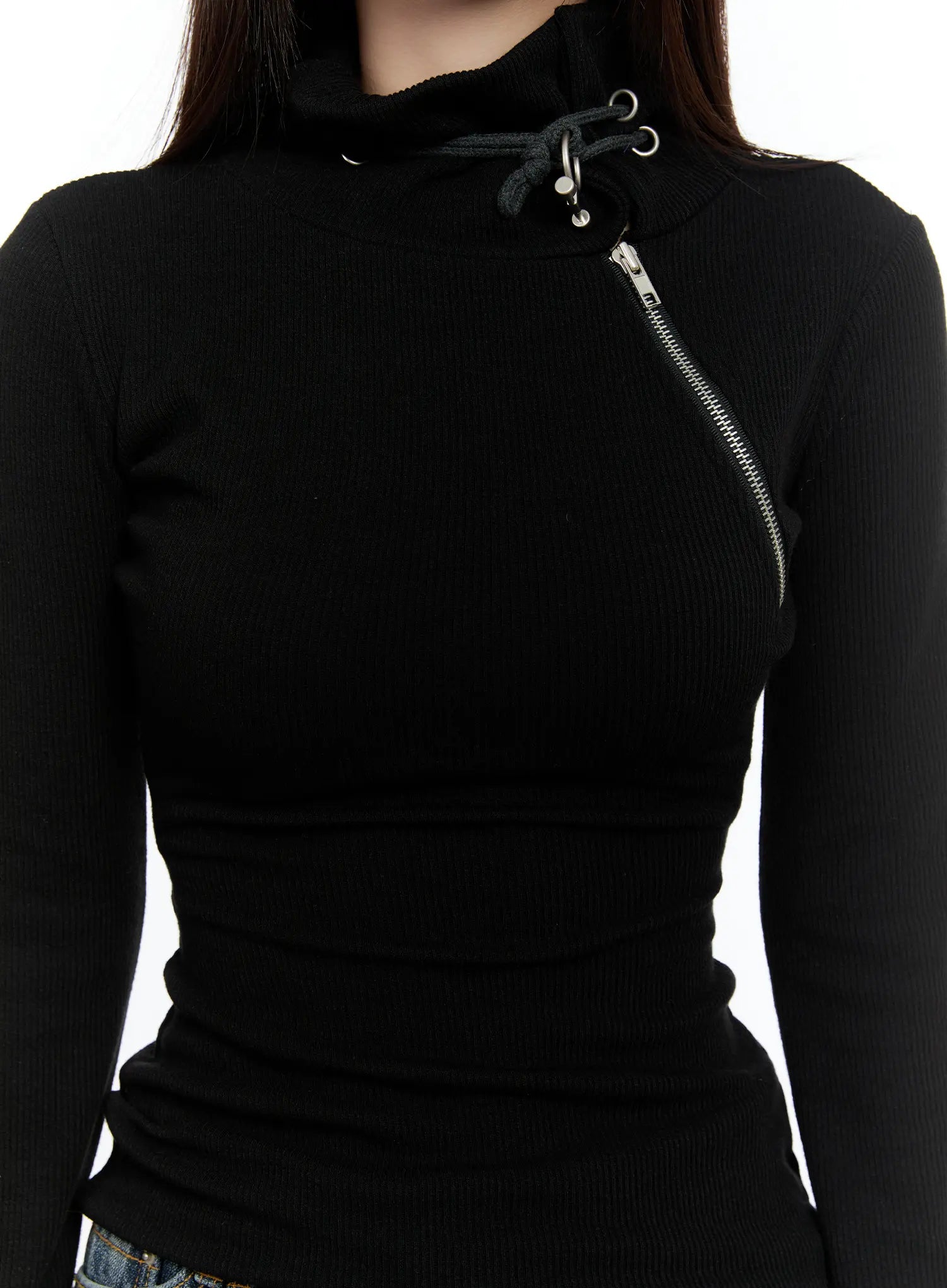 Zipper Detail Rib Knit Long Sleeve CS517