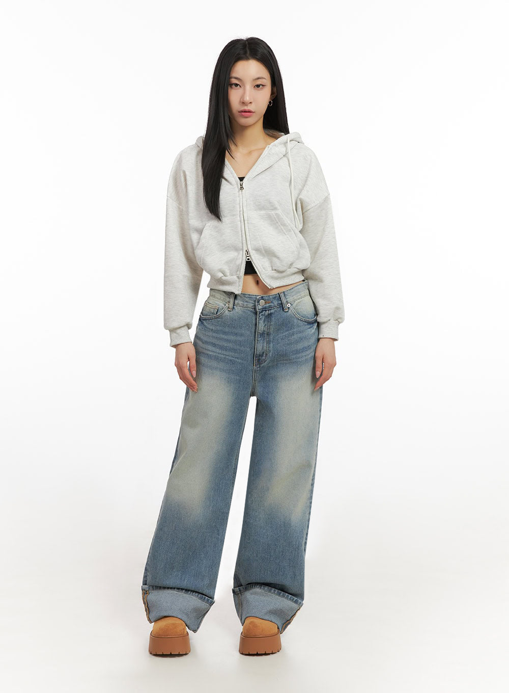 Katie Roll-Up Washed Wide-Leg Jeans ID431