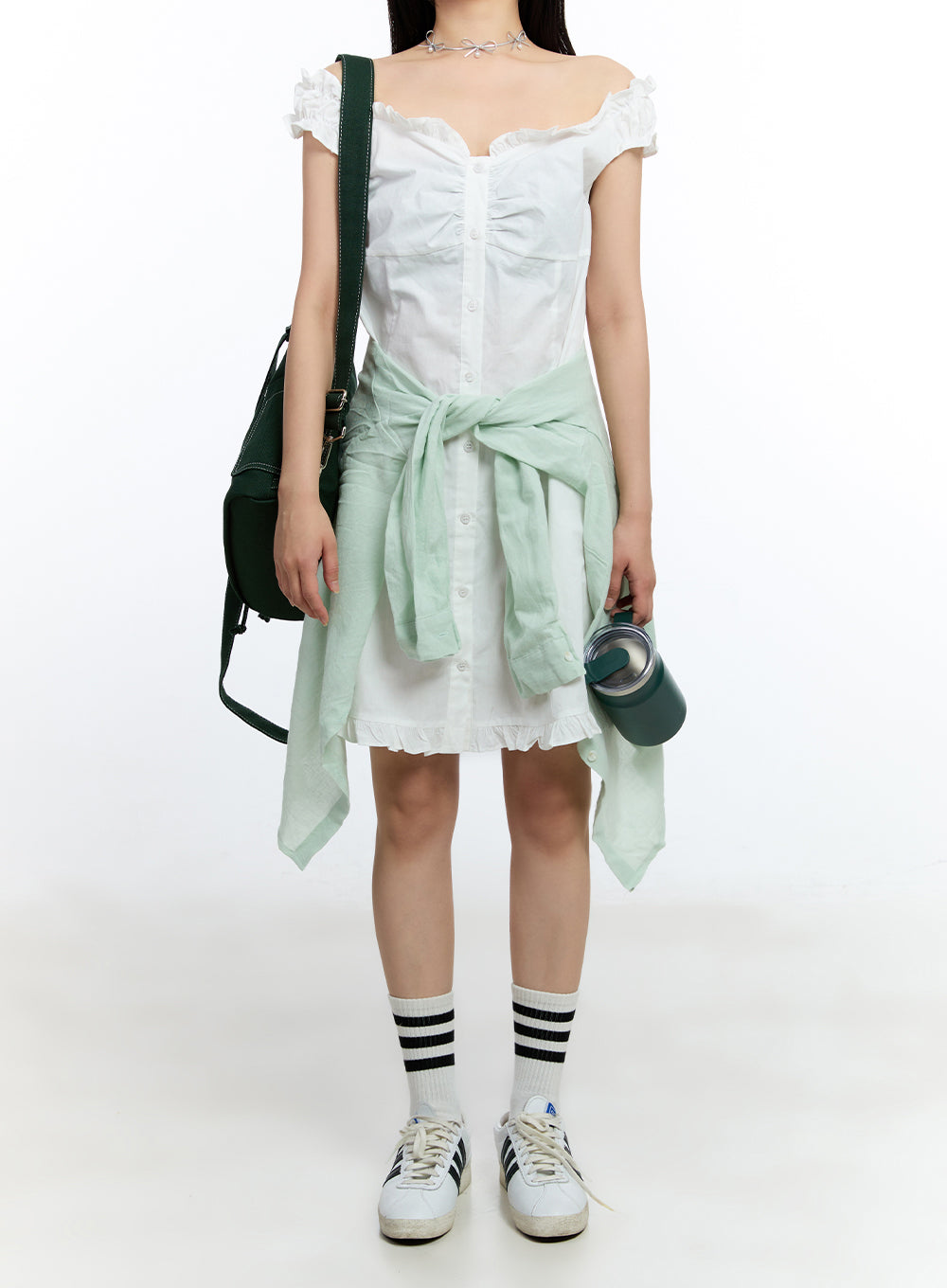 Frill Buttoned Off-Shoulder Midi Dress IU503