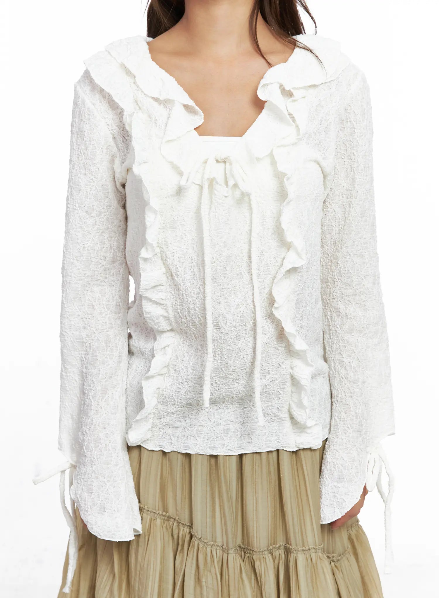 Lace Ruffled Ribbon Long Sleeve Blouse CO513