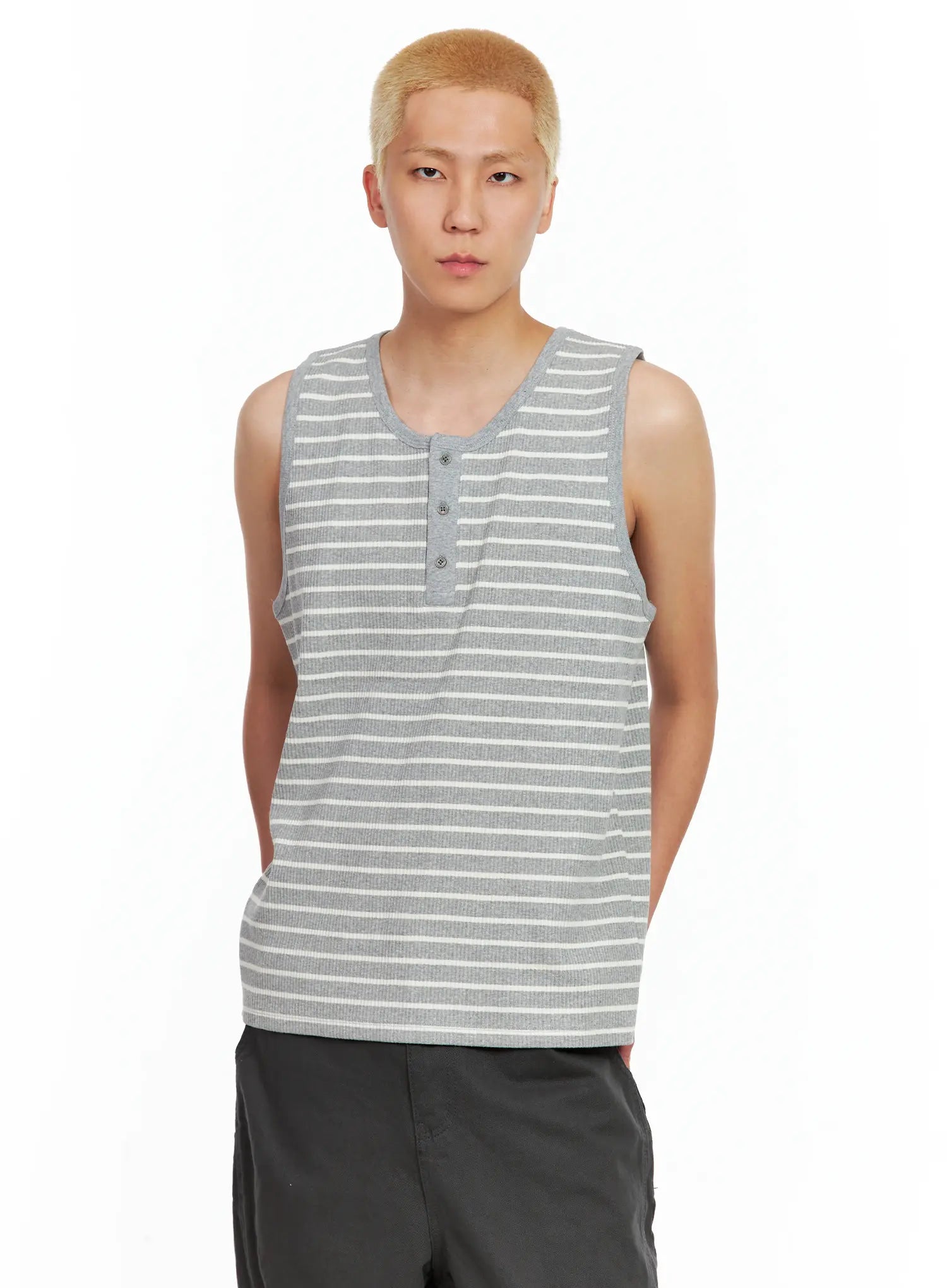 Men's Striped Henley Tank Top IL511