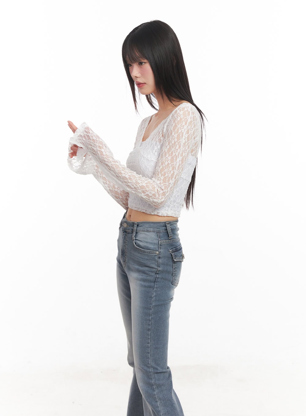 Sheer Lace Long-Sleeve Crop Top CA522