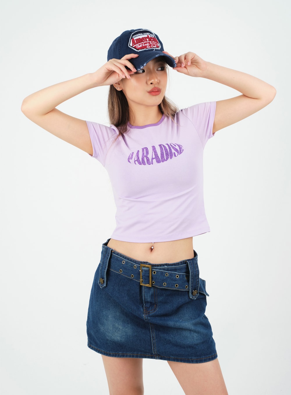 Low-Rise Bleached Denim Skorts and Belt Set CM02