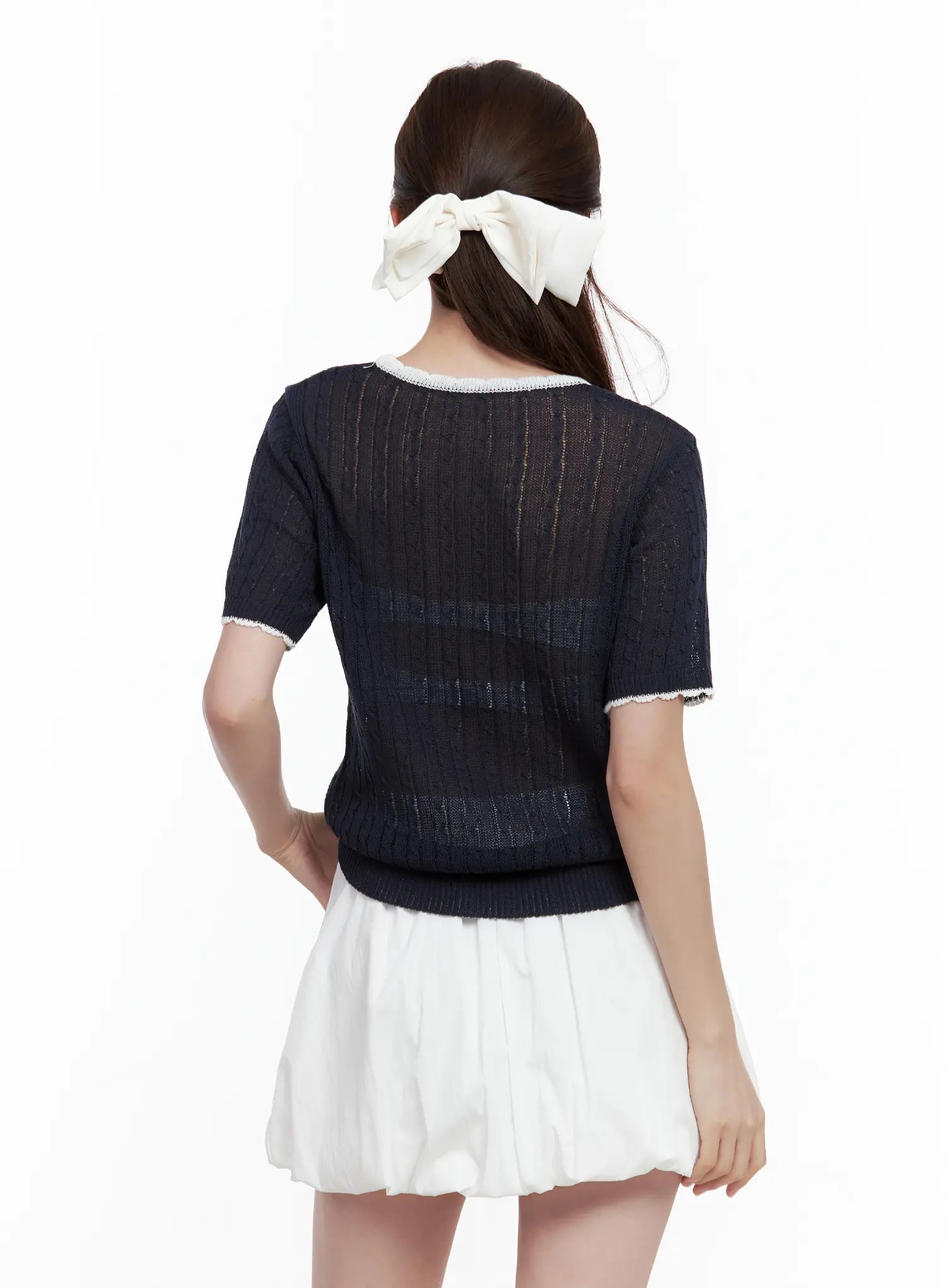 Sheer-Knit Tie Sweater Top CL502