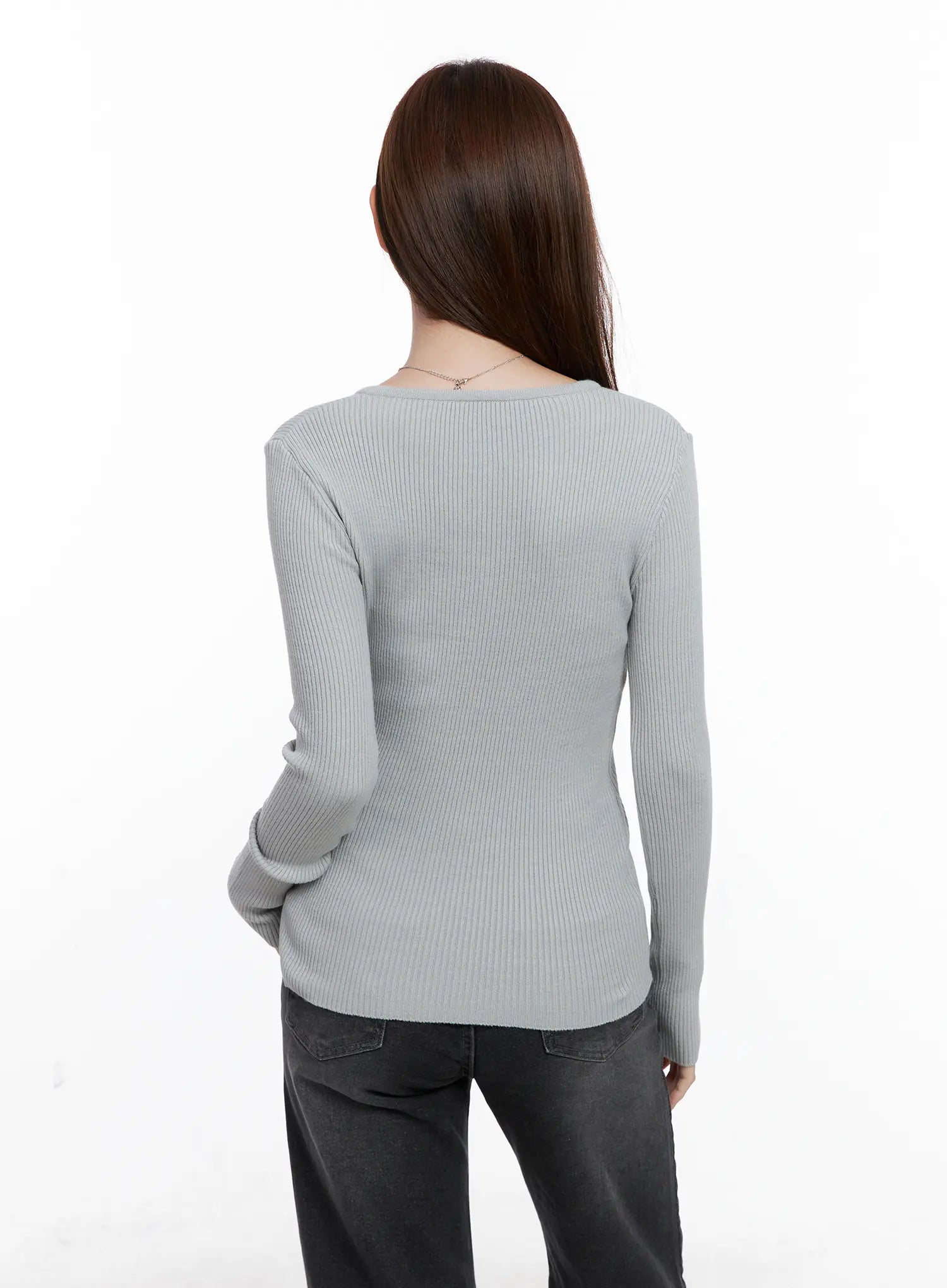 Ribbed V-Neck Long-Sleeve Knit Top CG521