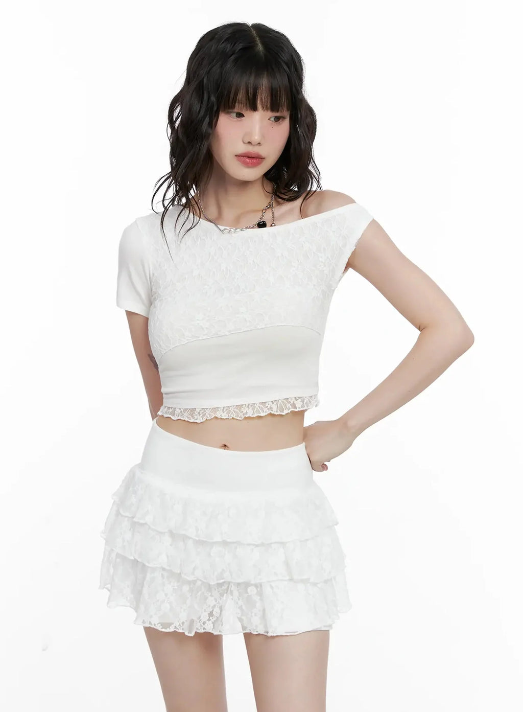 Asymmetric Off-Shoulder Lace-Trim Top IL531