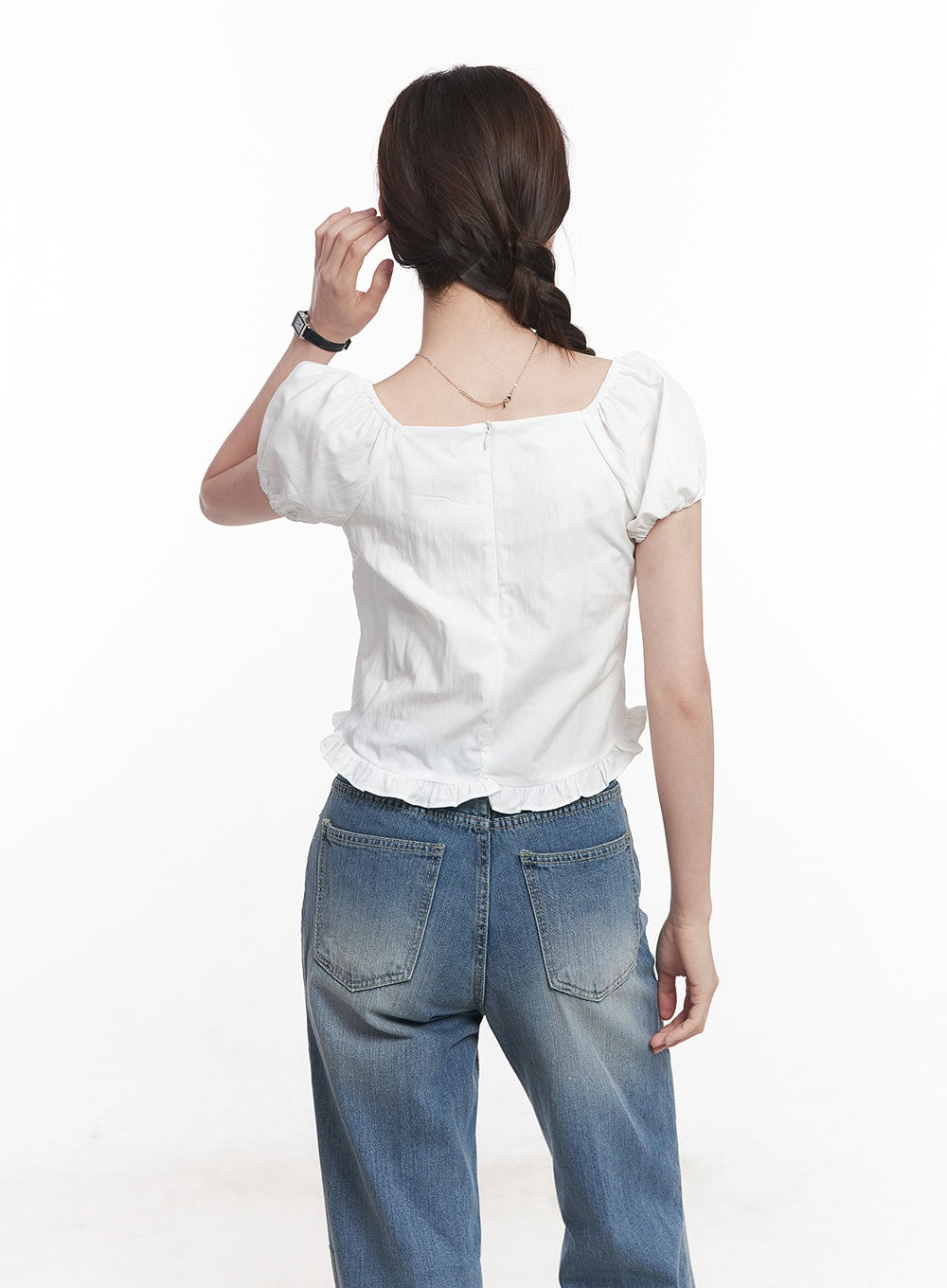 Ribbon Frill Square-Neck Top CY515