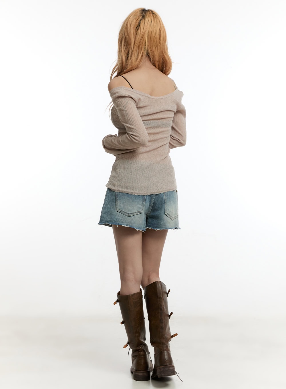 Sheer Knit Off-Shoulder Long-Sleeve Top CY501