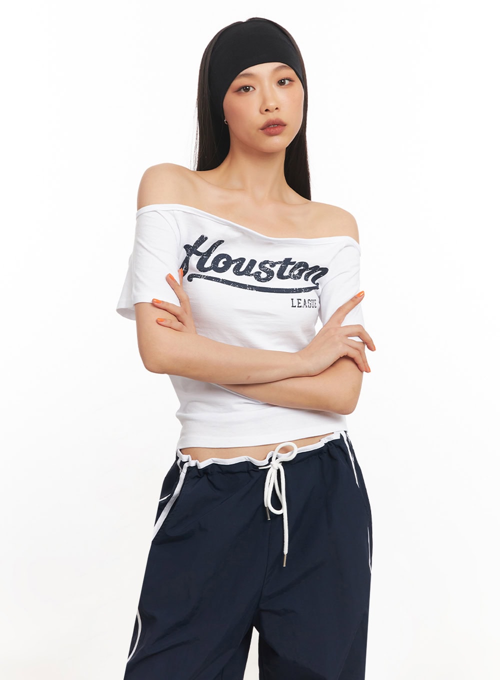 Cotton Graphic Off-Shoulder T-Shirt IA507