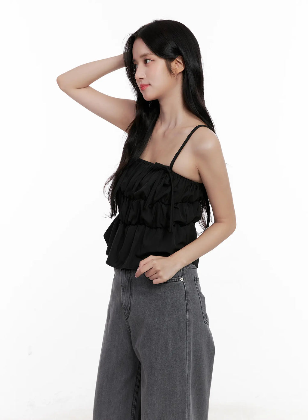 Ribbon Strap Ruffle Scrunch Tank CL516