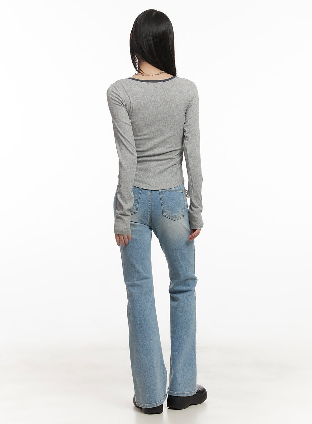 Shirred U-Neck Long-Sleeve Top CF519