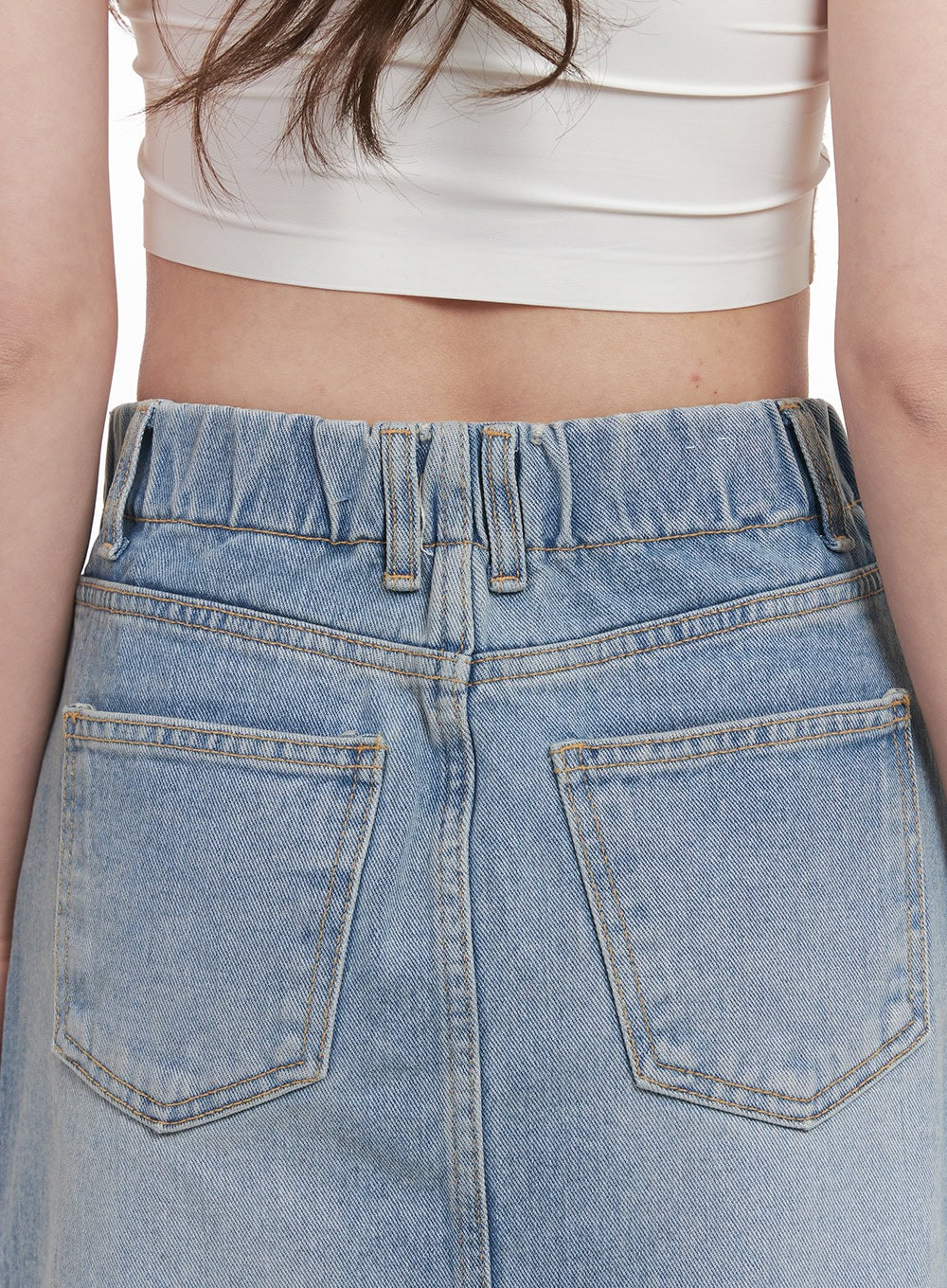 Back-Slit Stitched Denim Maxi Skirt CM511