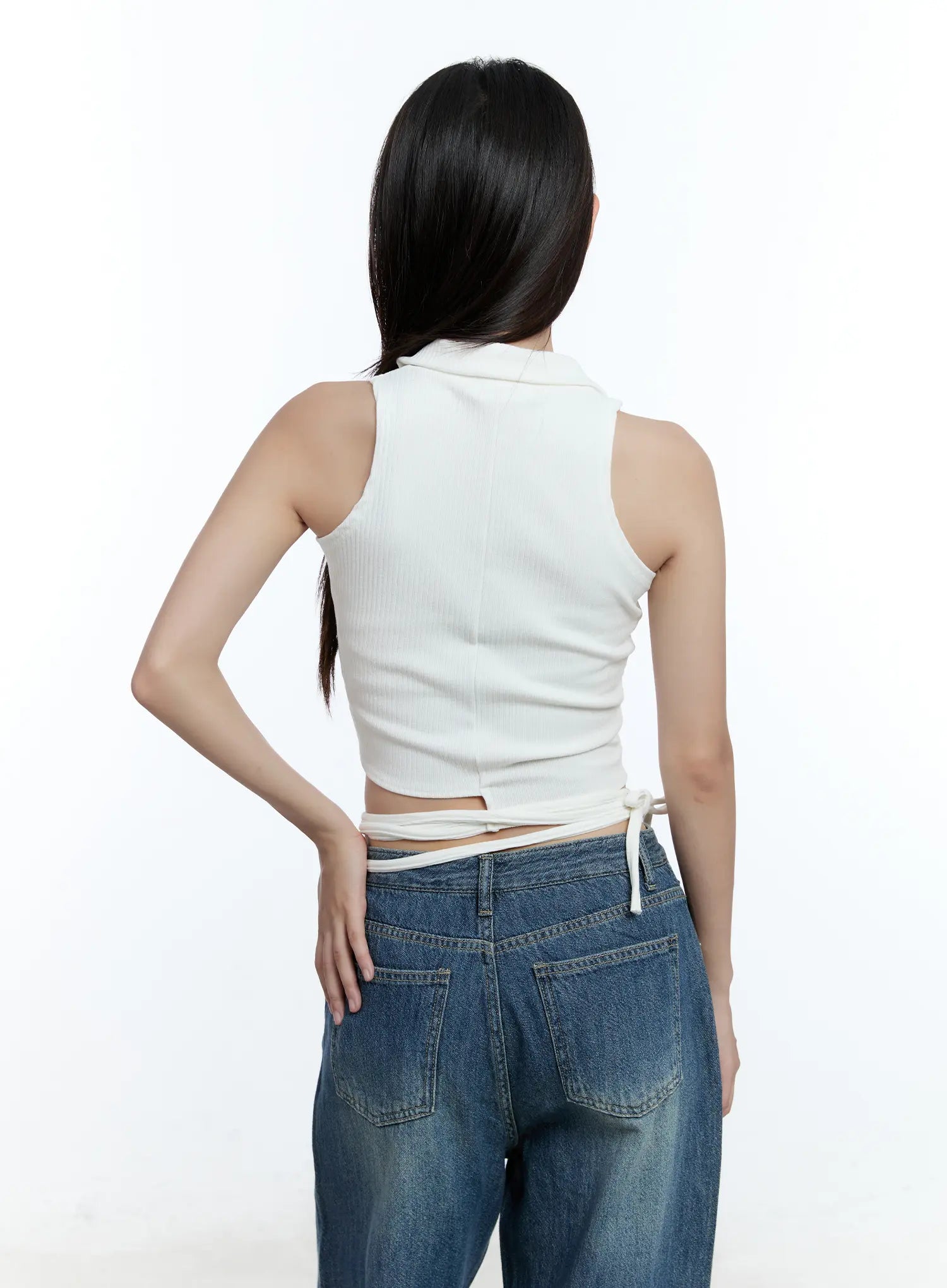 Asymmetric Buttoned Collared Tank Top CU527