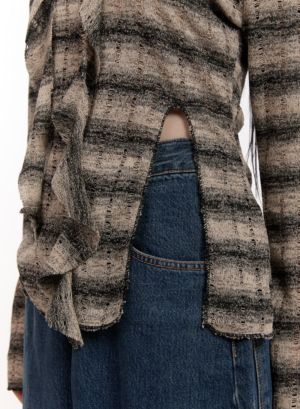 Distressed Striped Sweater with Scarf CJ531