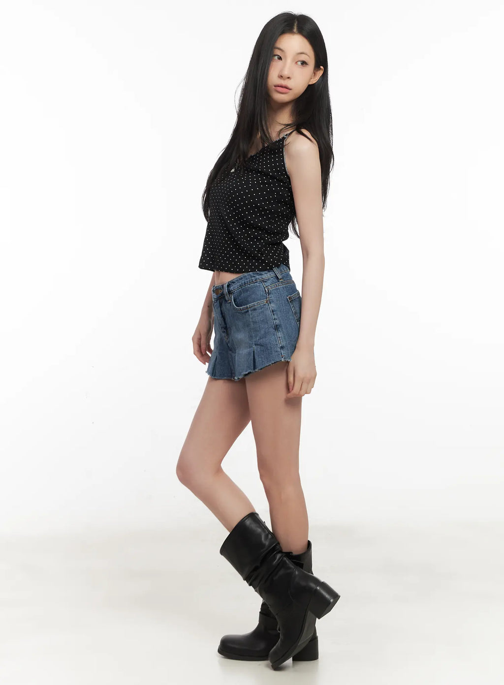 Pleated Distressed Denim Mini Skort CL501