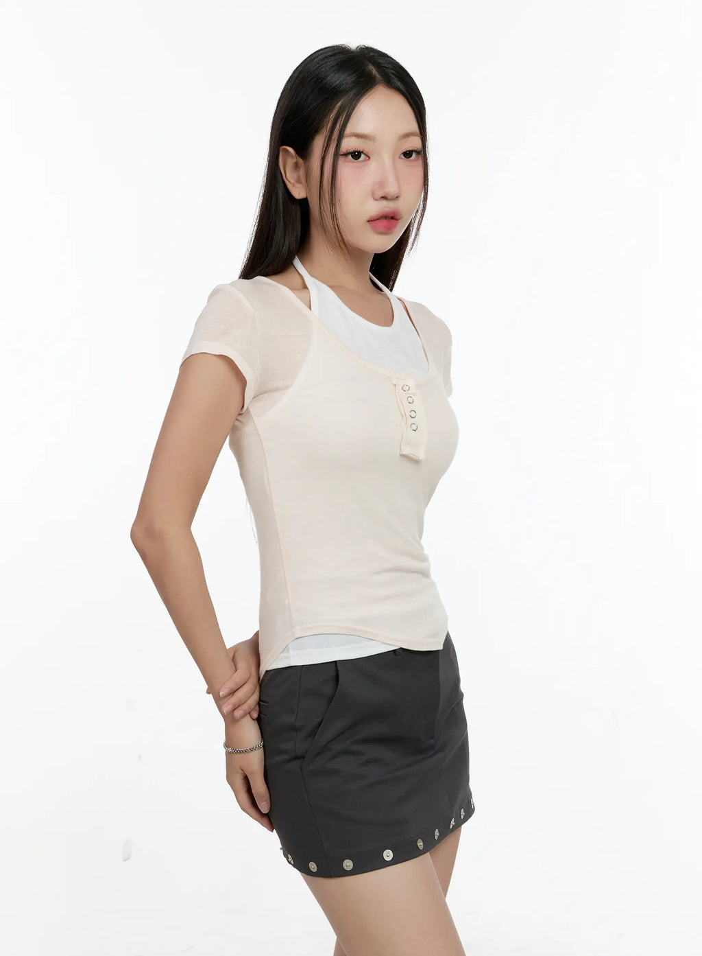 Sheer Short-Sleeve Snap Top CG501