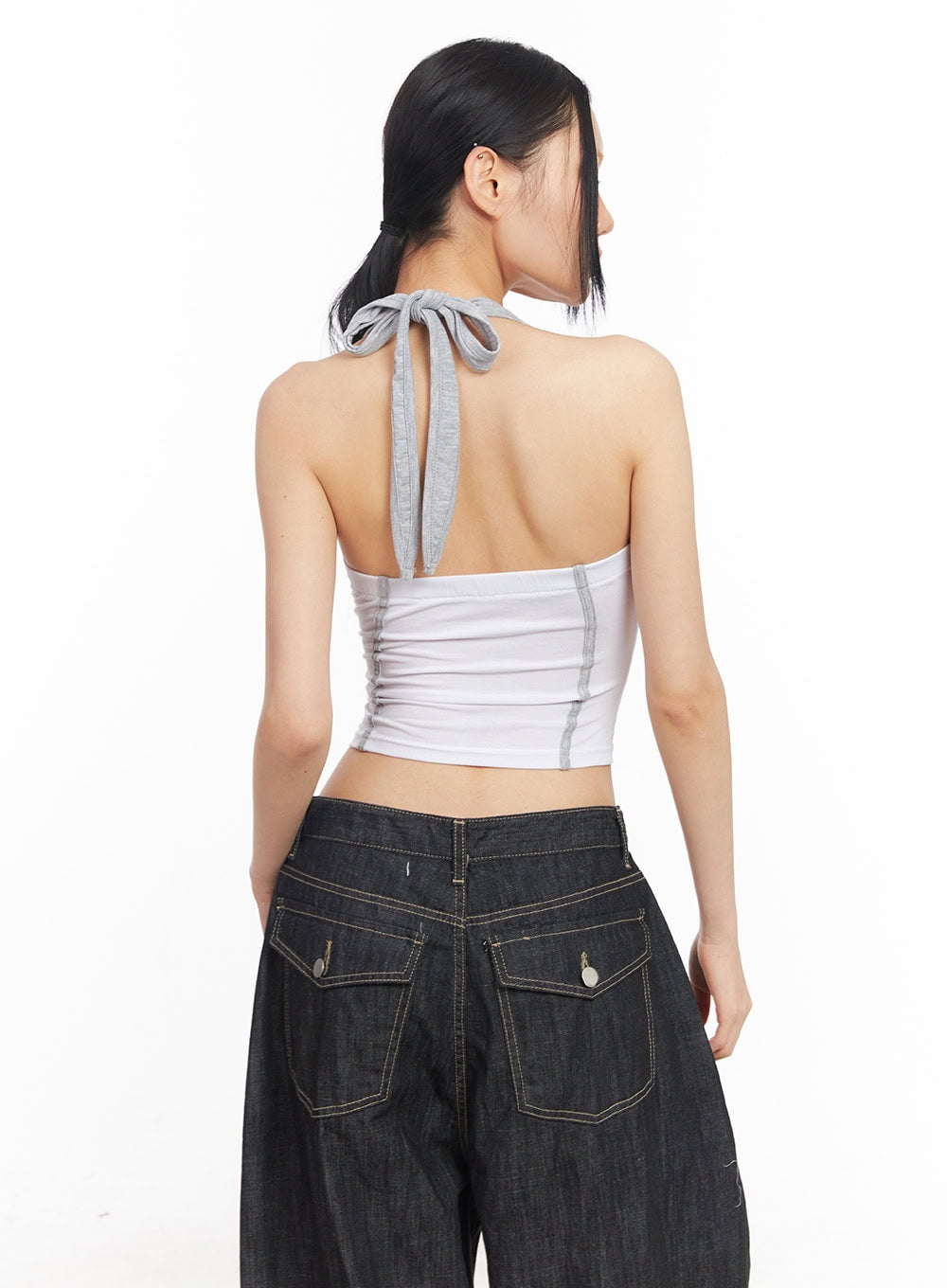 Shirred Halter V-Neck Crop Tank Top CY528