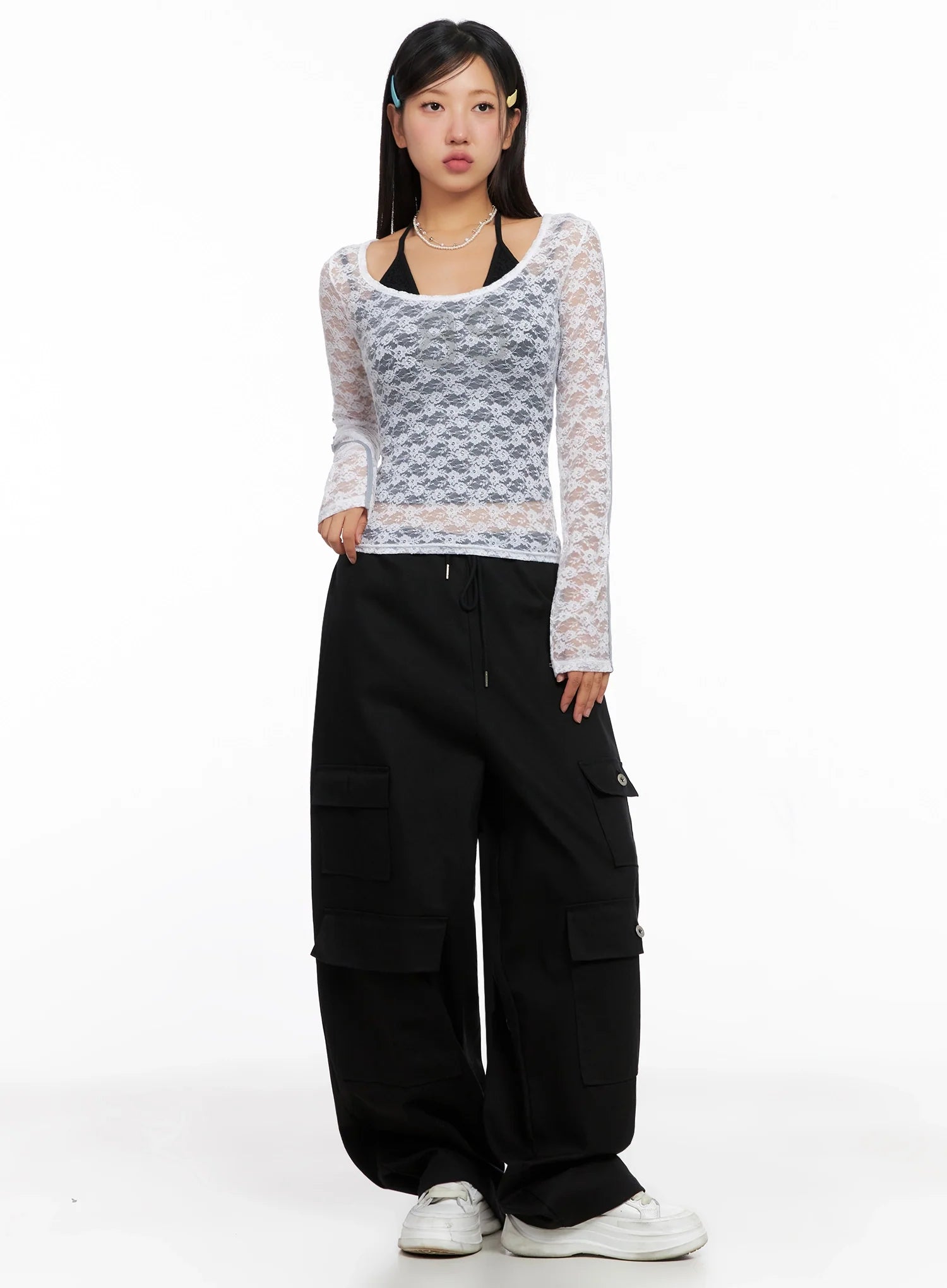 Lace Overlay Scoop Neck Top IG527