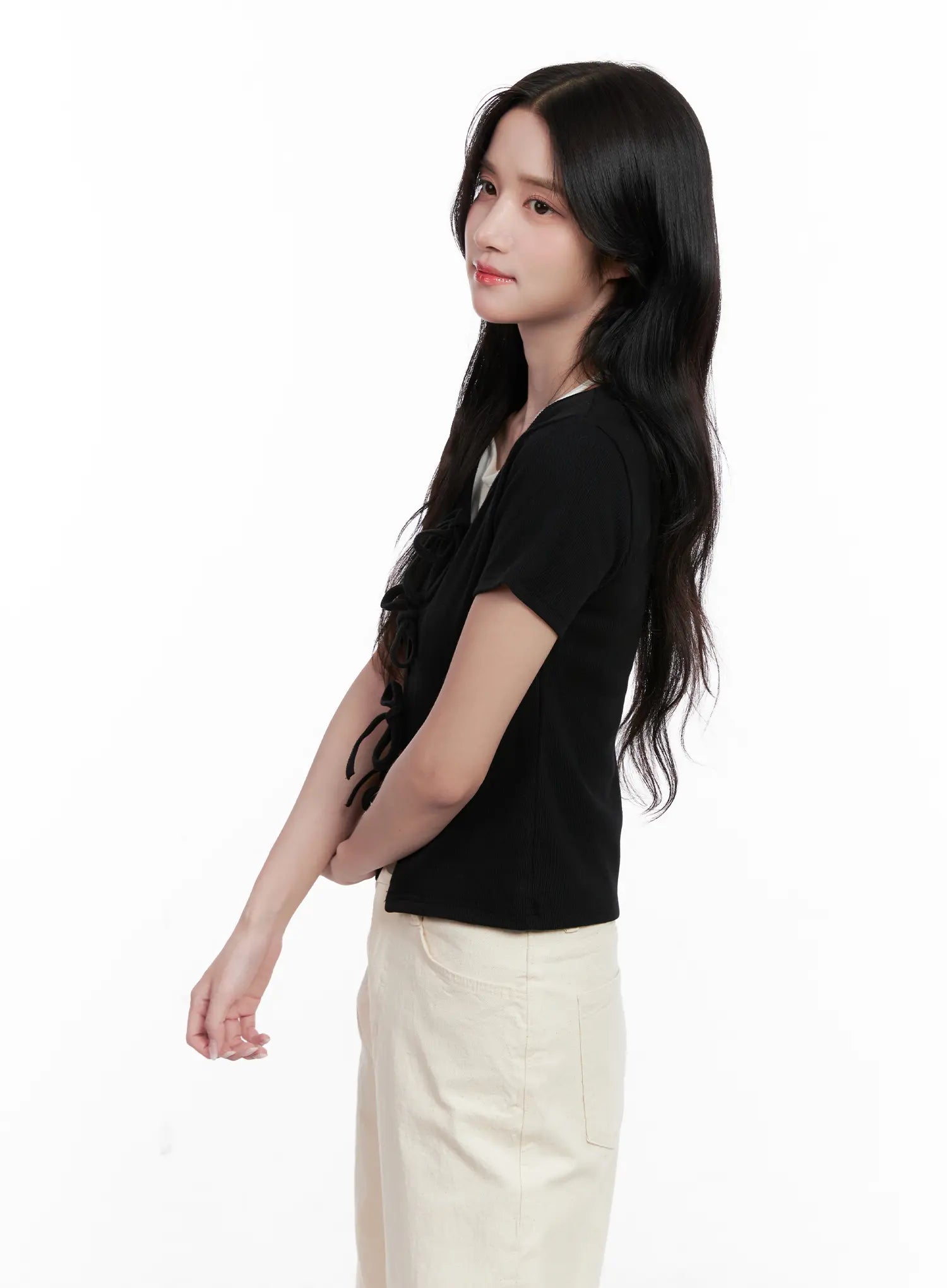 Ribbon-Tie Short-Sleeve Tee CL516