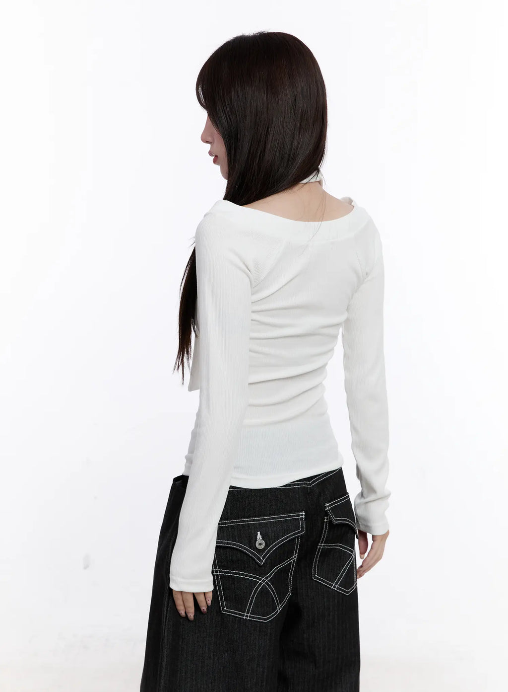 V-Neck Ribbed Two-Way Tie Long Sleeve Top CS530
