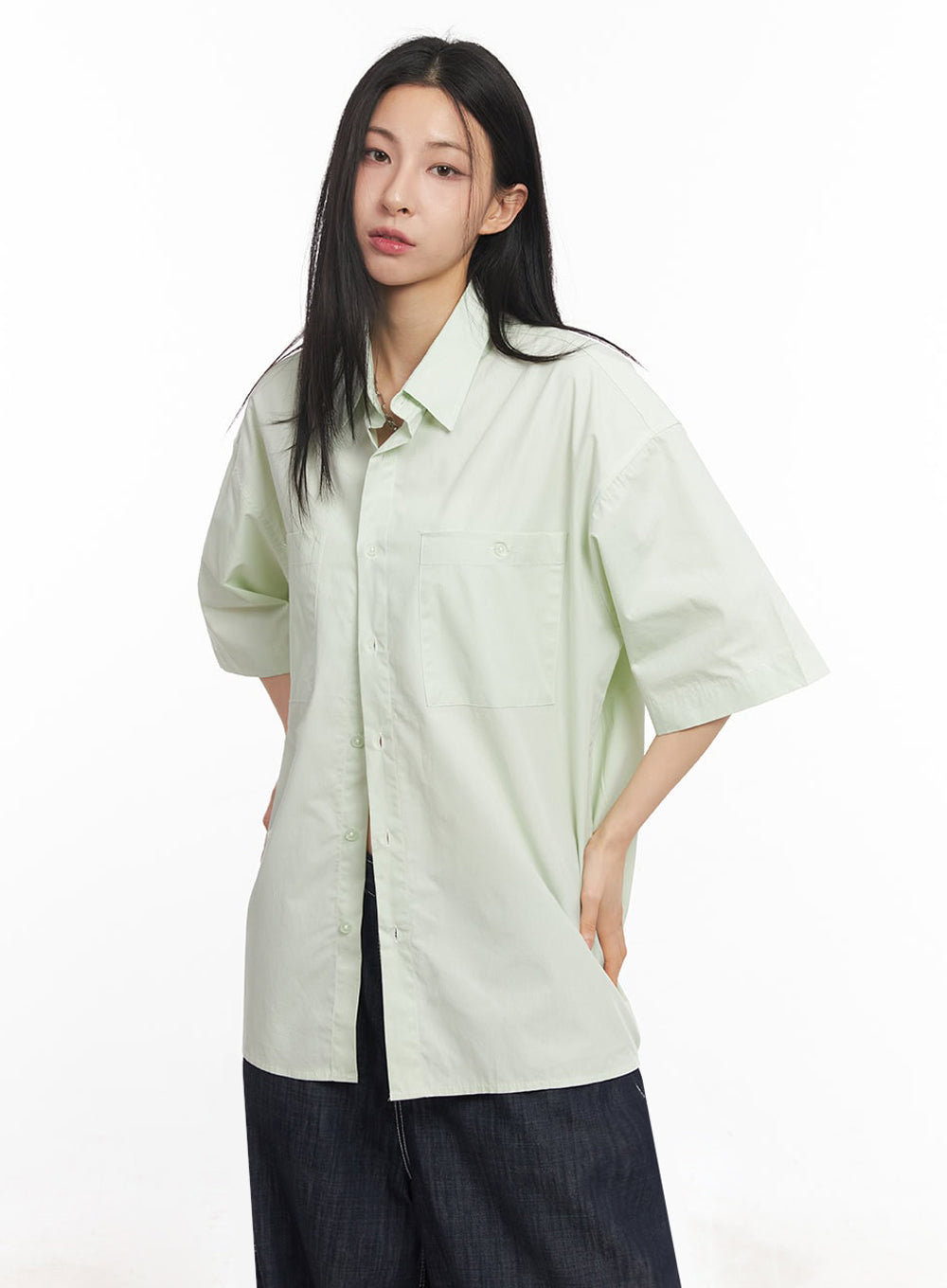 Cotton Collared Oversize Shirt IY529