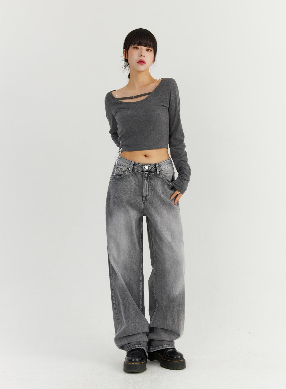 Grey Washed Wide Leg Jeans CO323