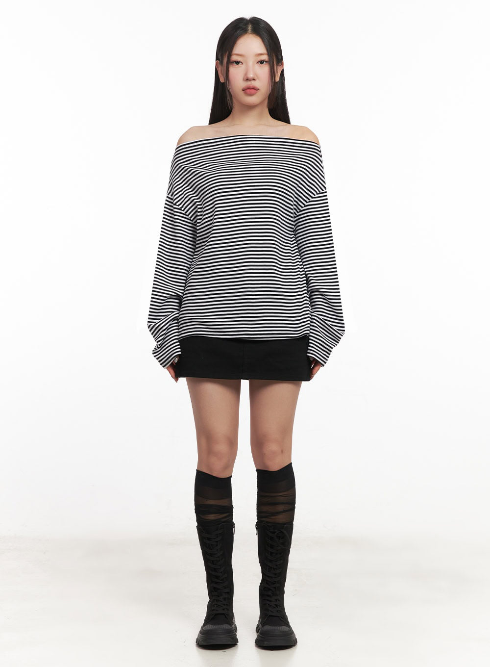 Stripe Long-Sleeve Off-Shoulder Top IM524
