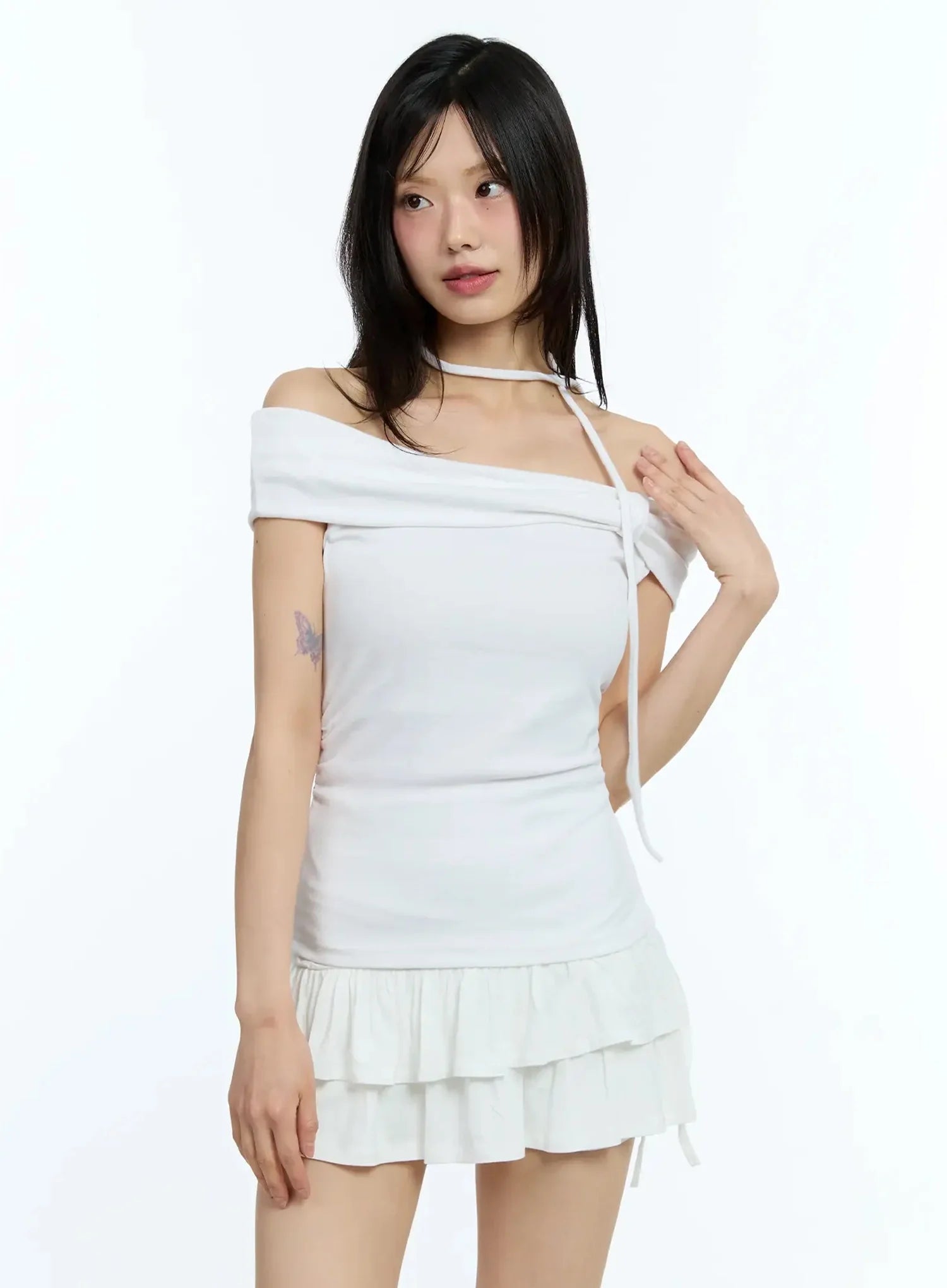 Ribbon Off-Shoulder Tee with Scarf Set IU524