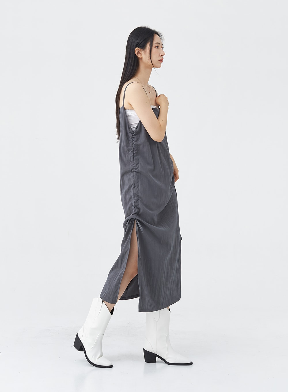 Side Shirring Sleeveless Strap Maxi Dress OG12