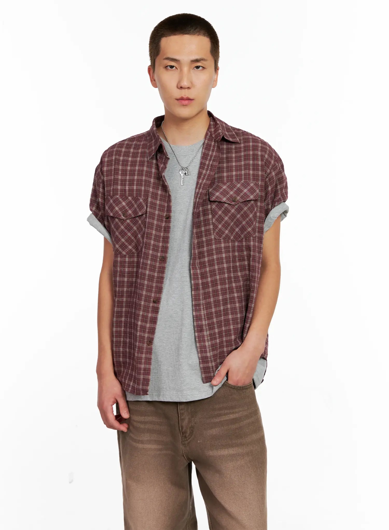 Men's Plaid Short-Sleeve Flannel Shirt IG511