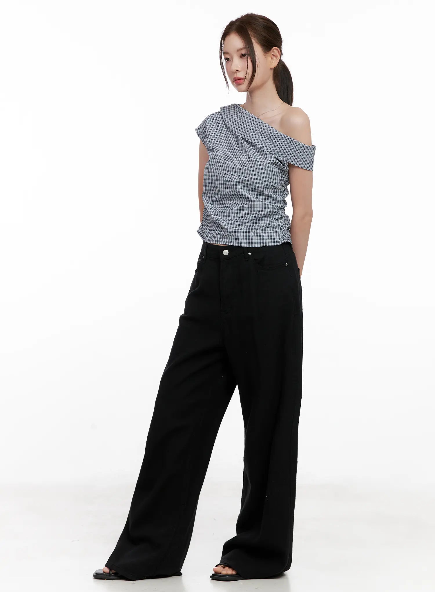 Gingham Off-Shoulder Crop Top CL524