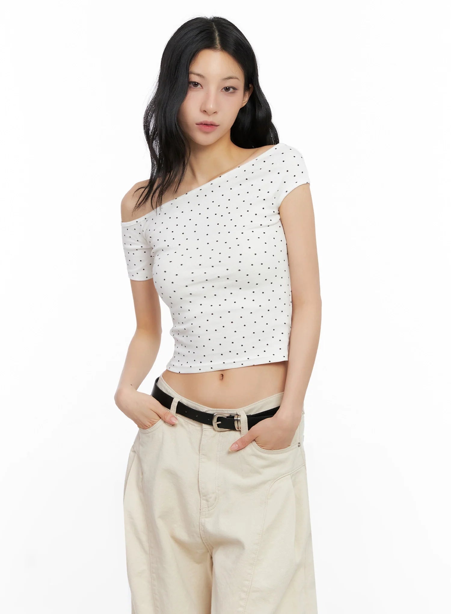 Star Print Off-Shoulder Crop Top IG508