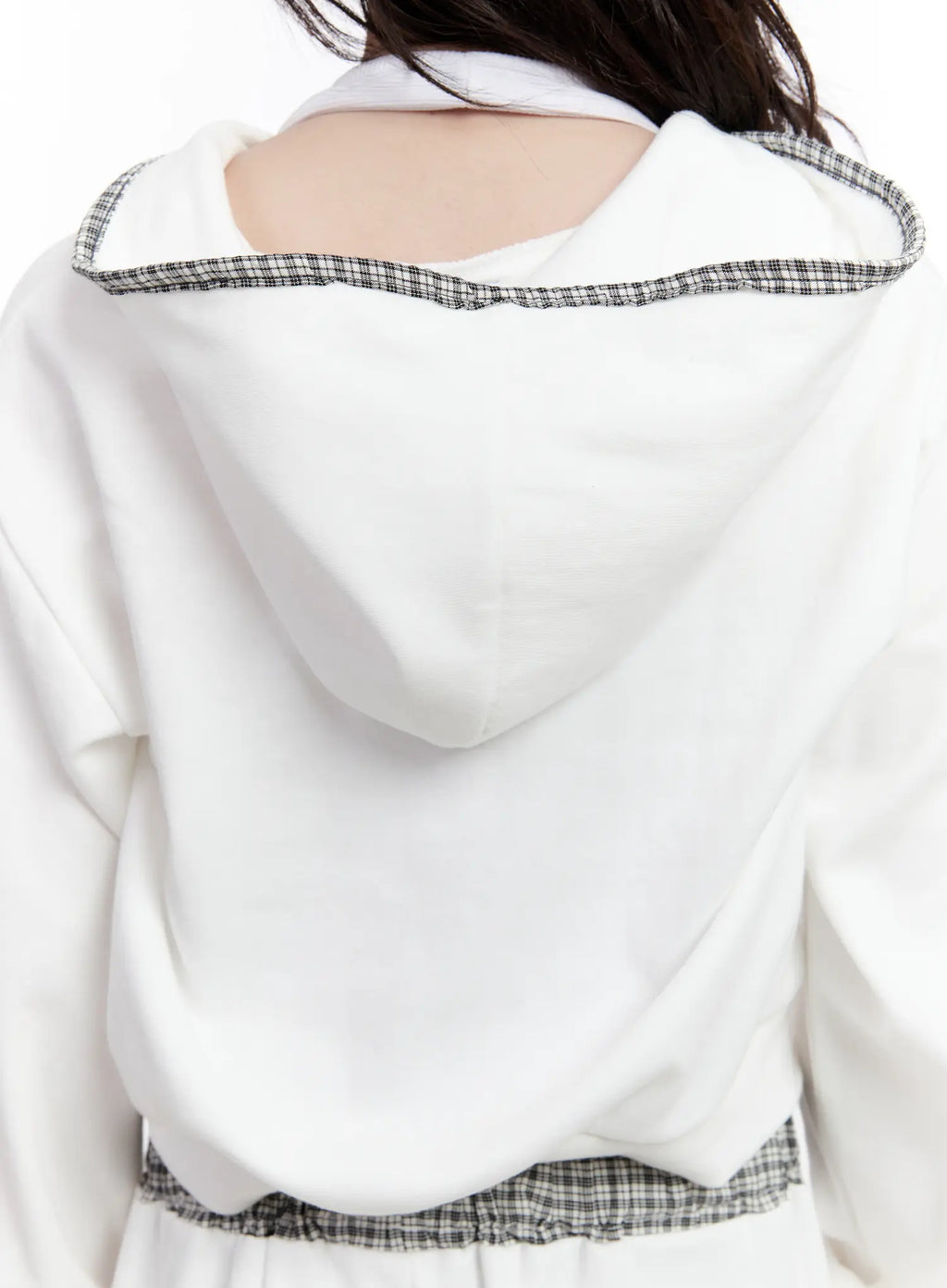 Plaid Trim Crop Zip-Up Hoodie CS530