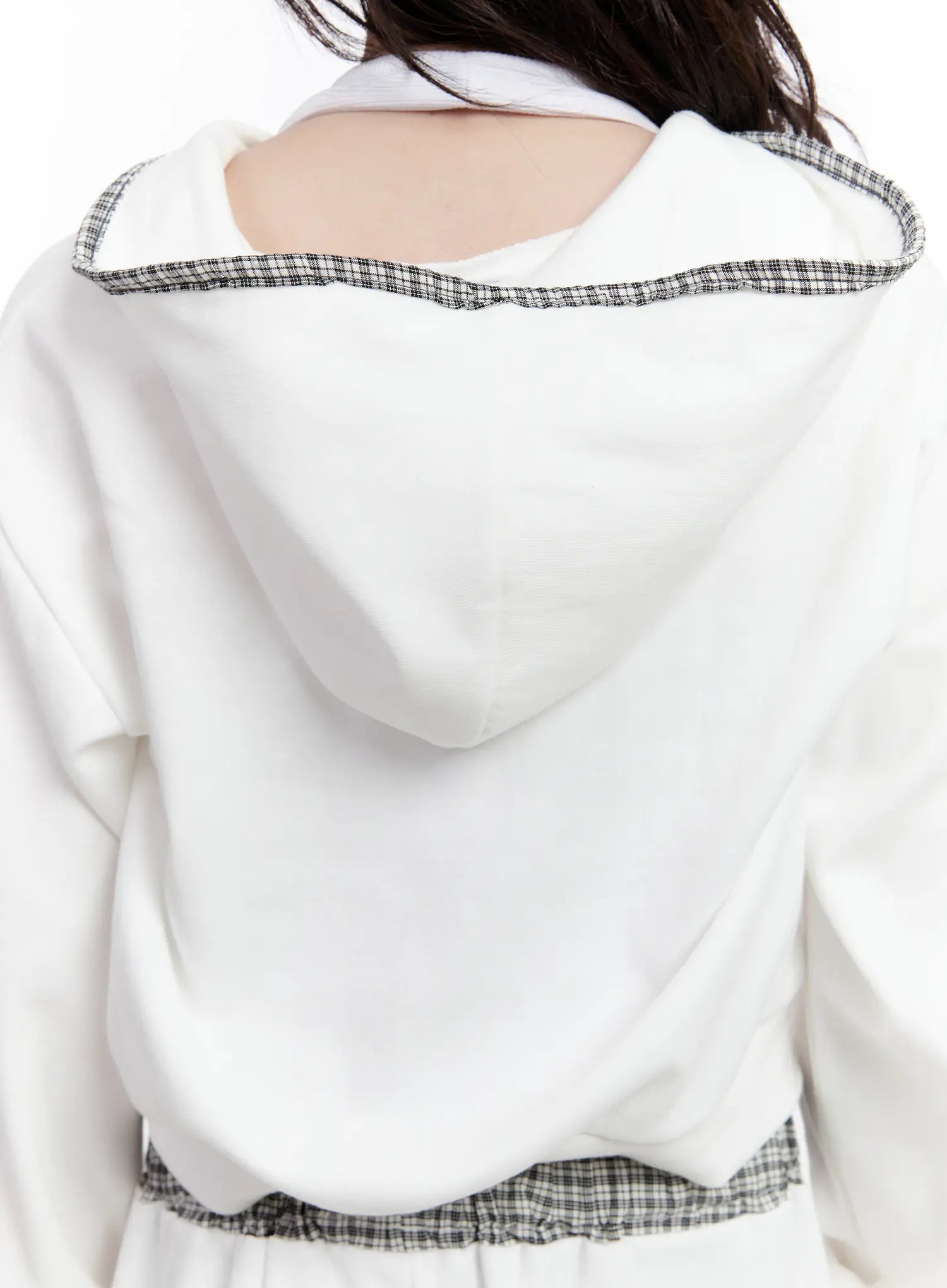 Plaid Trim Crop Zip-Up Hoodie CS530