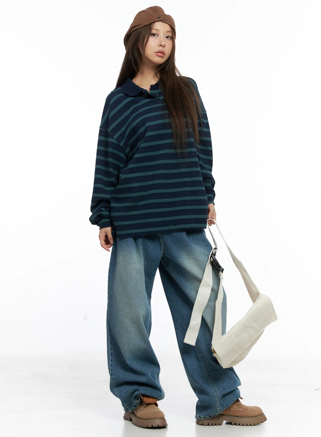 Oversized Striped Collar Long-Sleeve Tee CS504