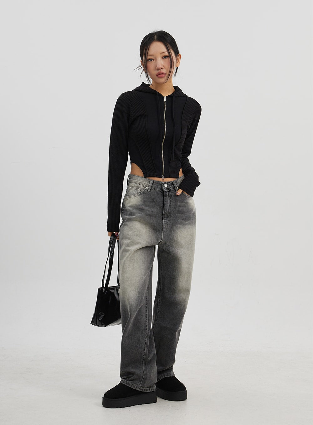 Ribbed Cropped Zip-Up Hoodie CJ330