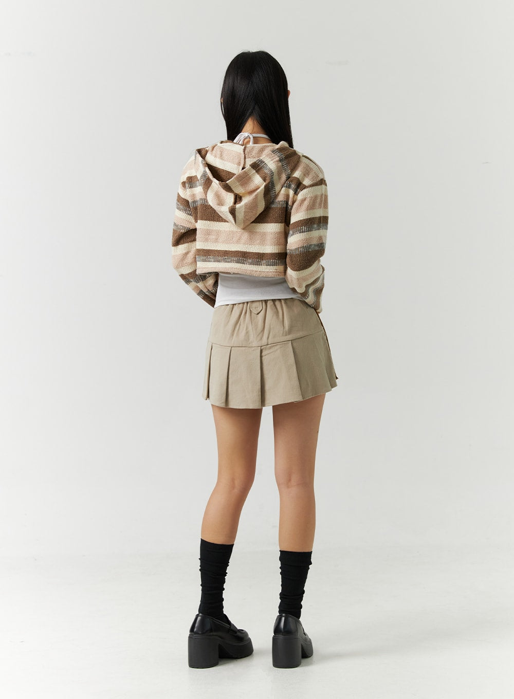 Striped Shirring Hooded Crop Sweater CD301