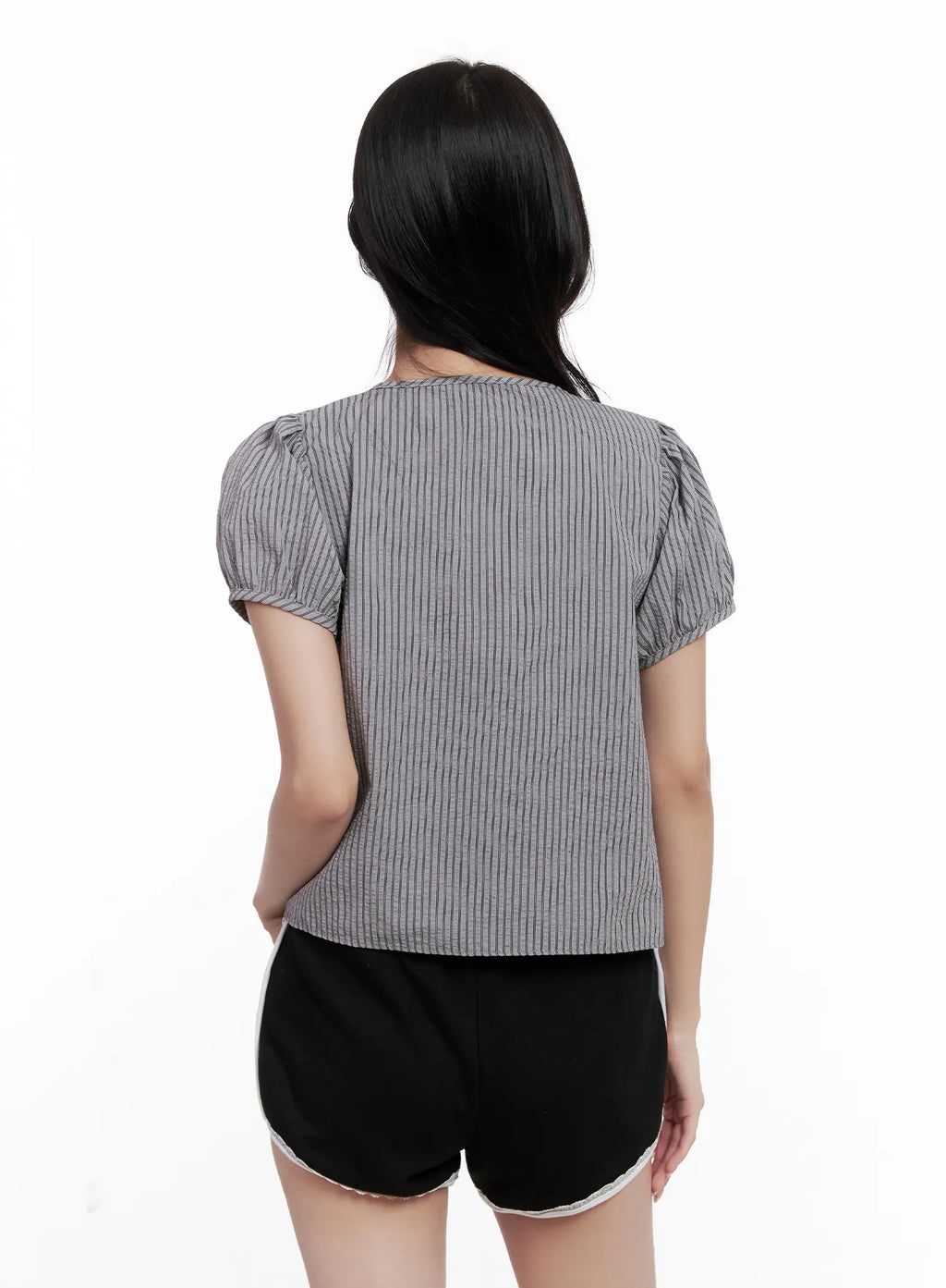 Striped Puff-Sleeve Ribbon Top CL516