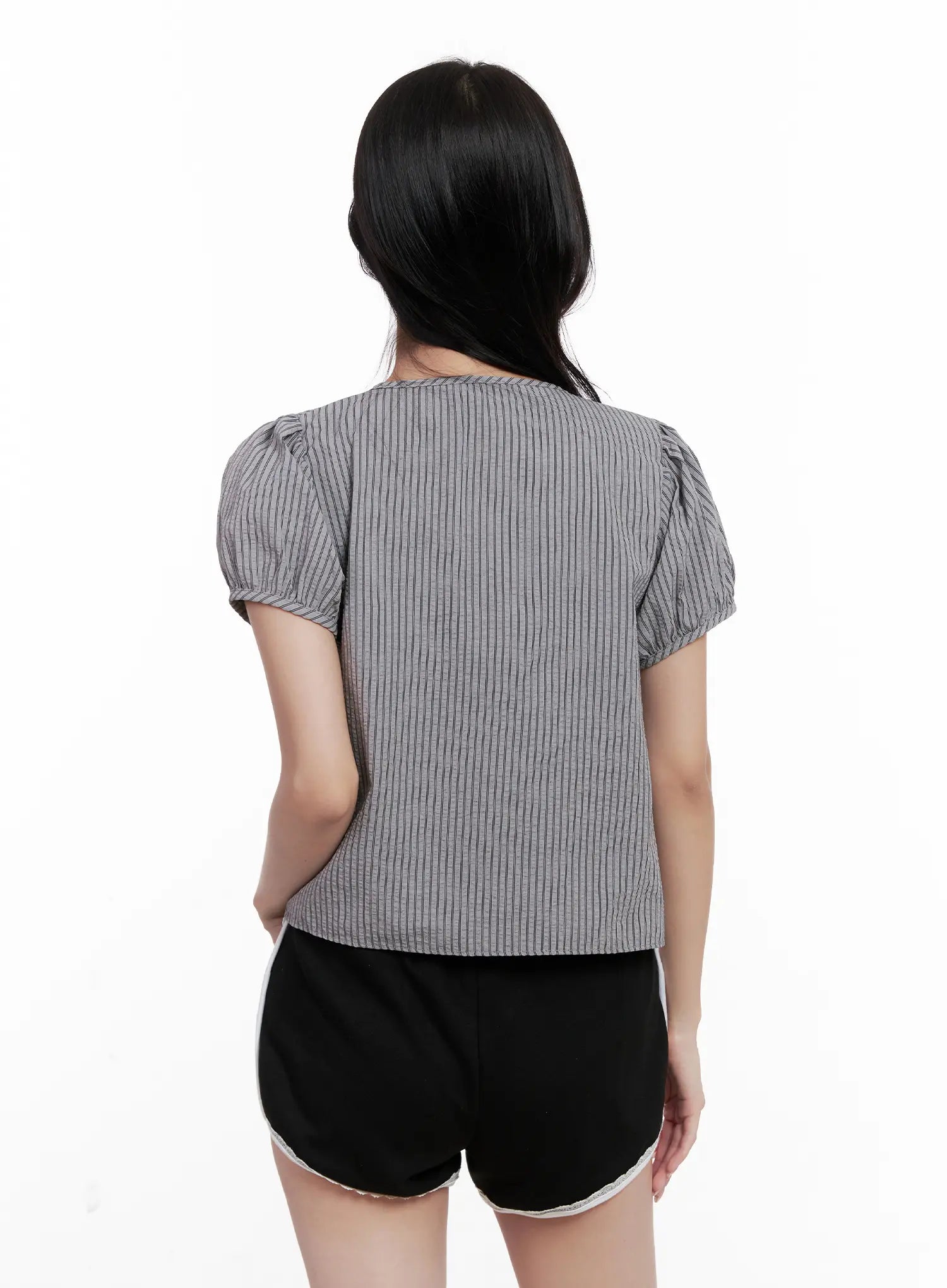 Striped Puff-Sleeve Ribbon Top CL516