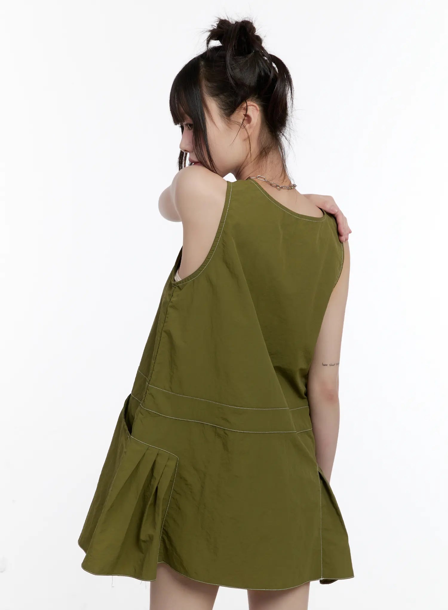Olive Green Pintuck Mini Dress CL507