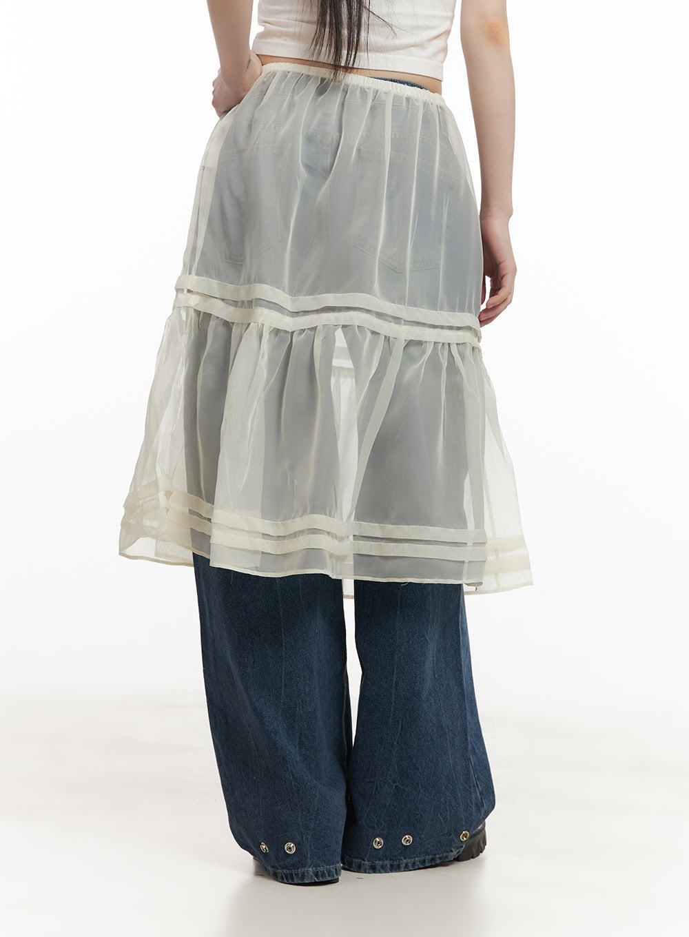 Sheer Tiered Ruffle Midi Skirt CF518
