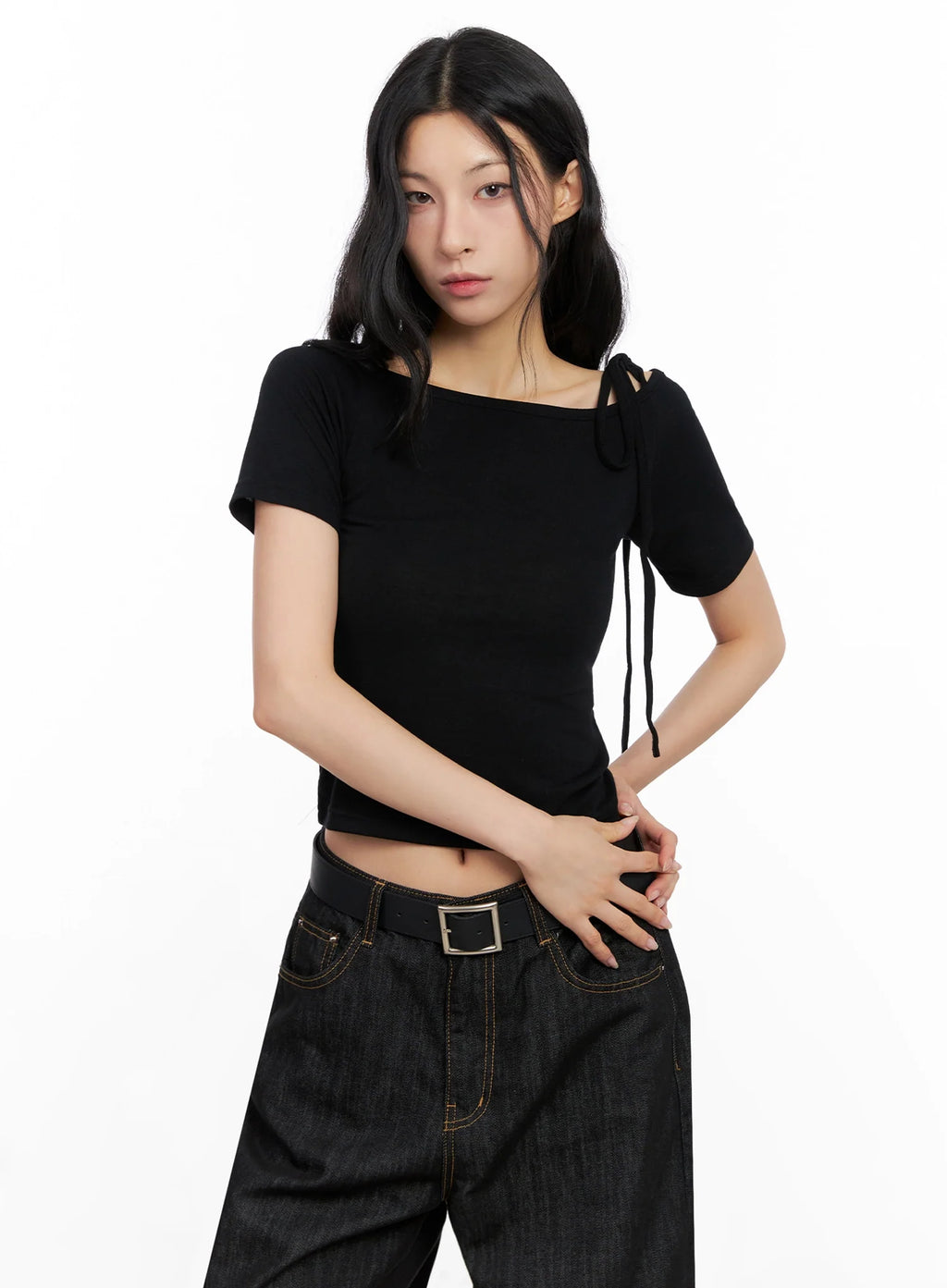 Asymmetric Shoulder-Tie T-Shirt IG508