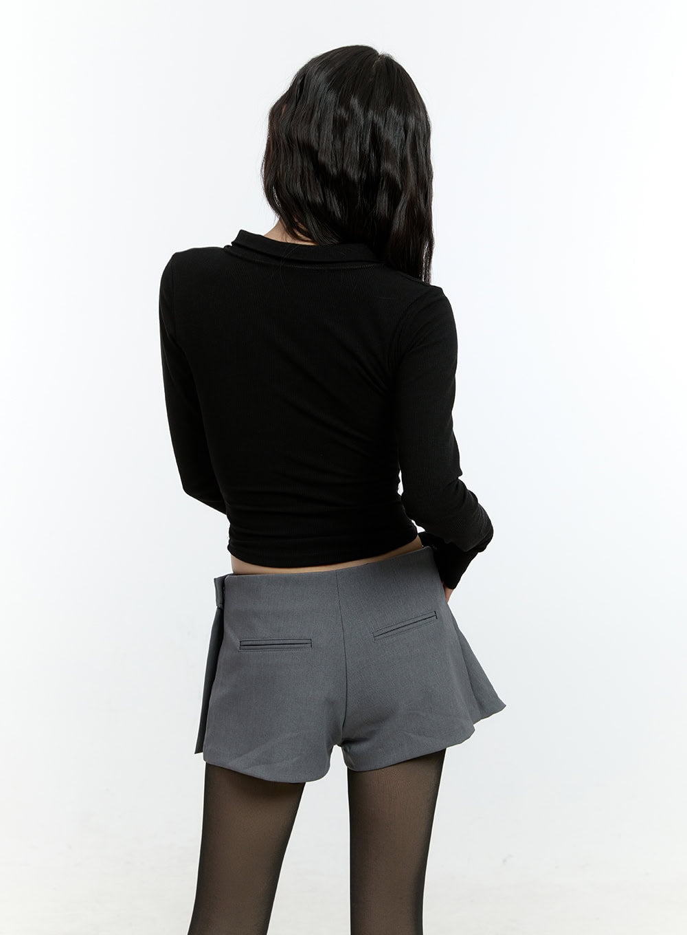 Shirring Long-Sleeve Collared Crop Top CF507