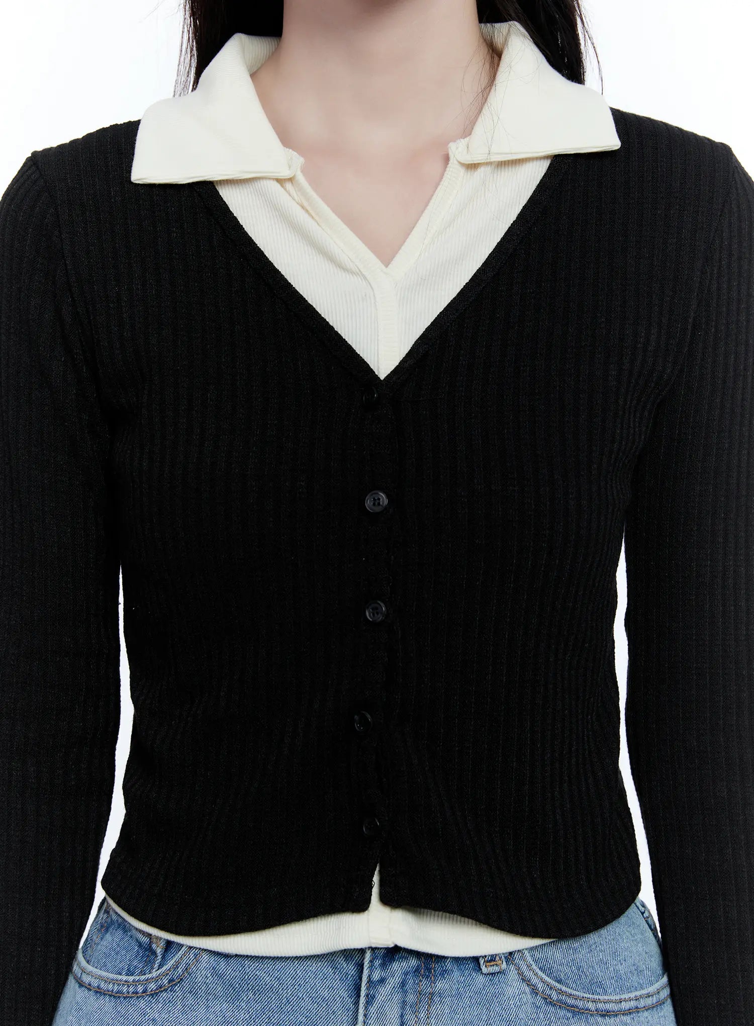 Two-Tone Collared Knit Cardigan CG514