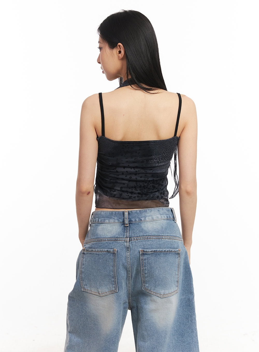 Leopard Mesh Crop Cami Top with Scarf CA516