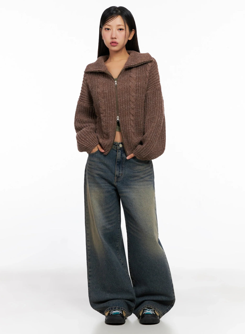 Chunky Knit Twist Zip-Up Cardigan IG528