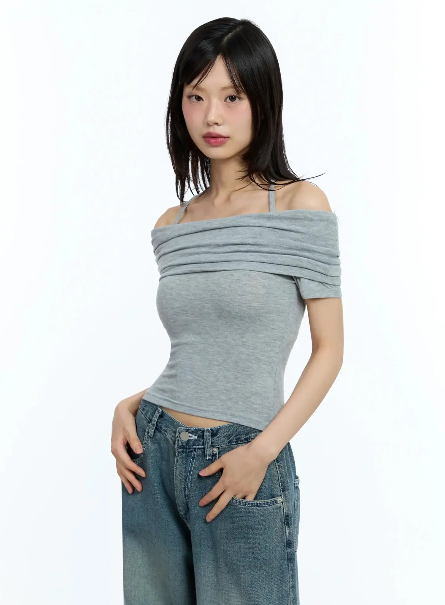 Shirred Off-Shoulder Short-Sleeve Tee IU525