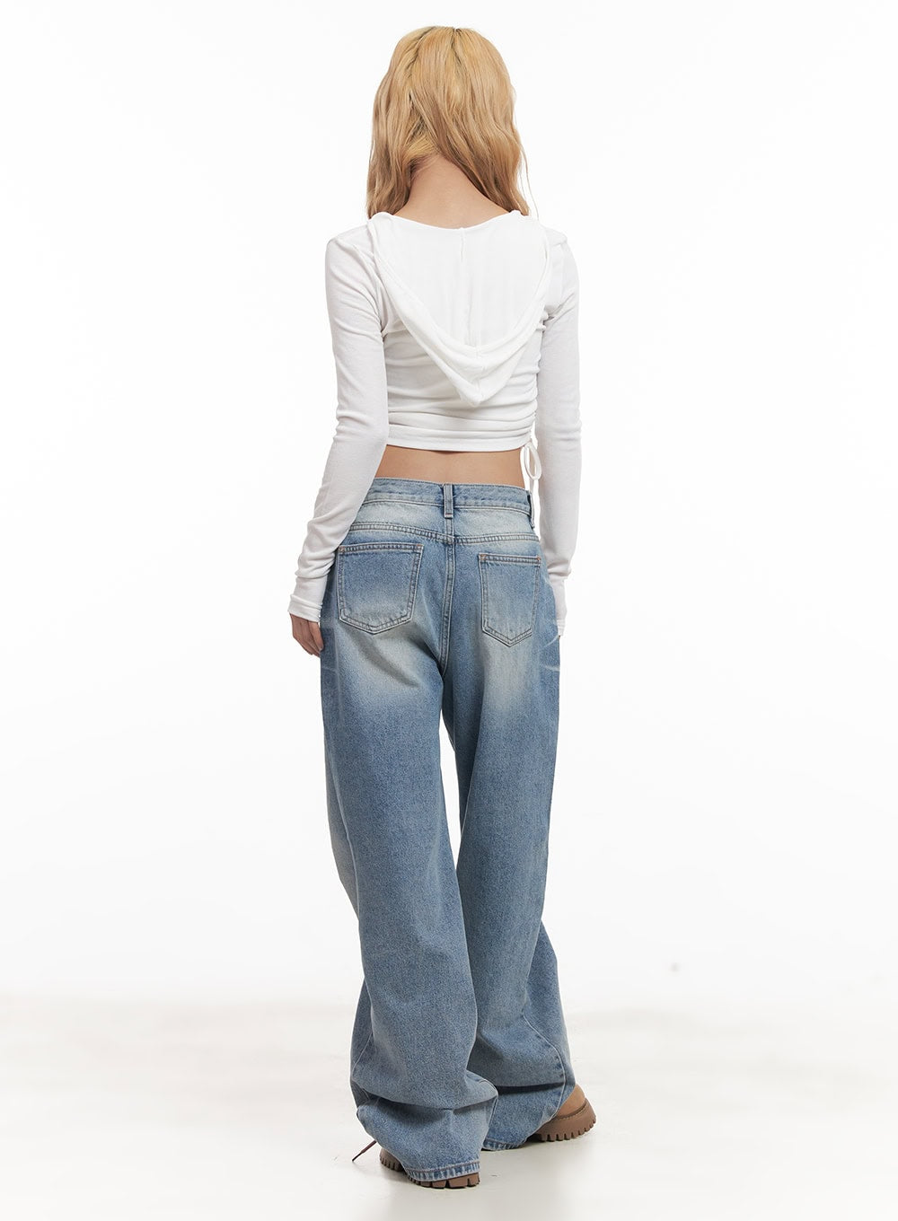 Shirred Ribbon Long-Sleeve Hooded Crop Top CM505