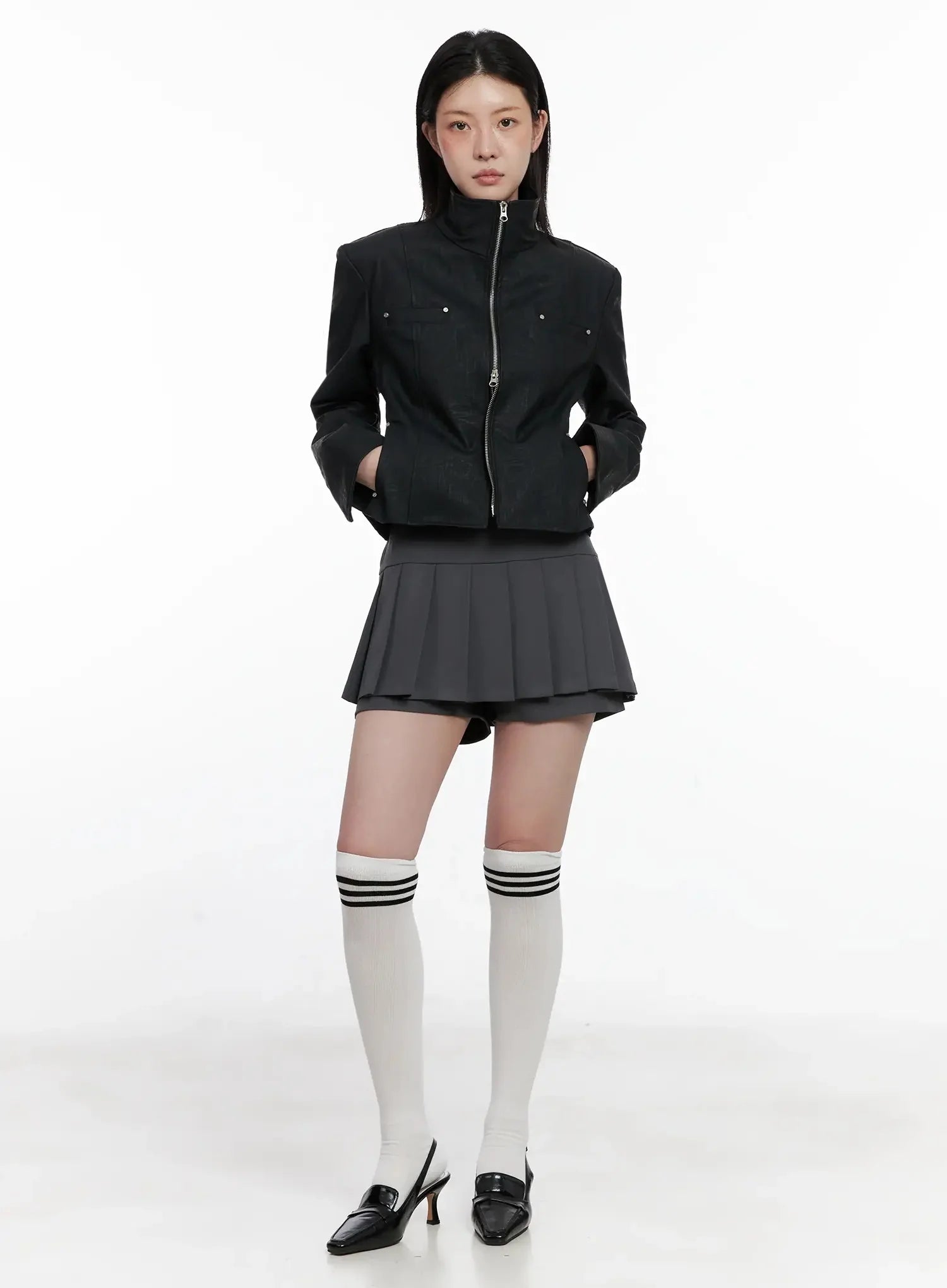 High Neck Zip Up Faux Leather Jacket IS508