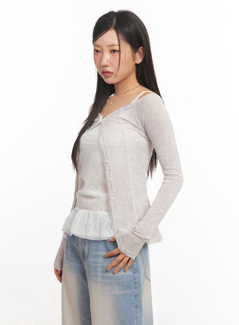 Lace Buttoned Off-Shoulder Cardigan IA524